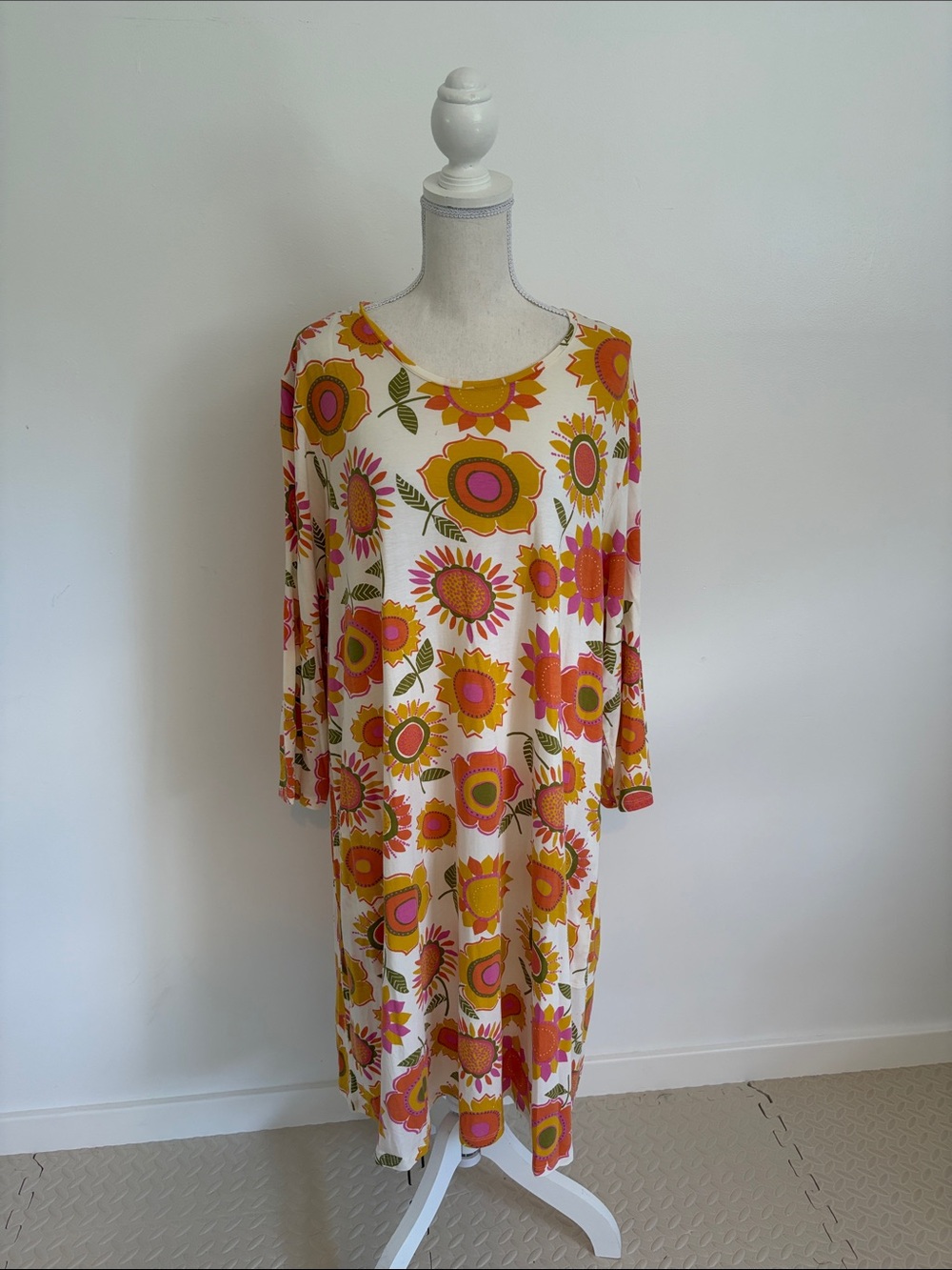 Gudrun Sjoden Floral Scoop Neck Midi Dress in Cream, Pink & Orange XXL